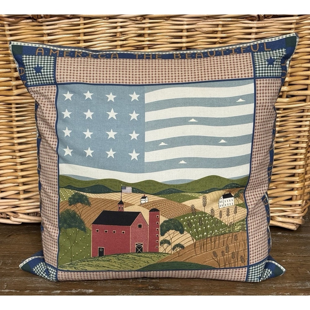 VTG America The Beautiful Throw Pillow Amber Waves of Grain Flag Country 16"x16"